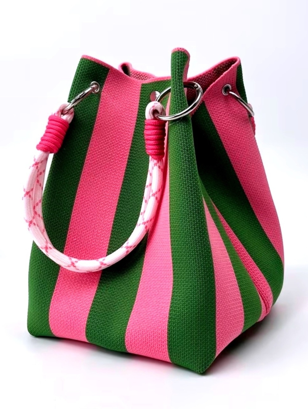 New -Adorable -Retro Style -Pink & Green Striped Bucket Bag